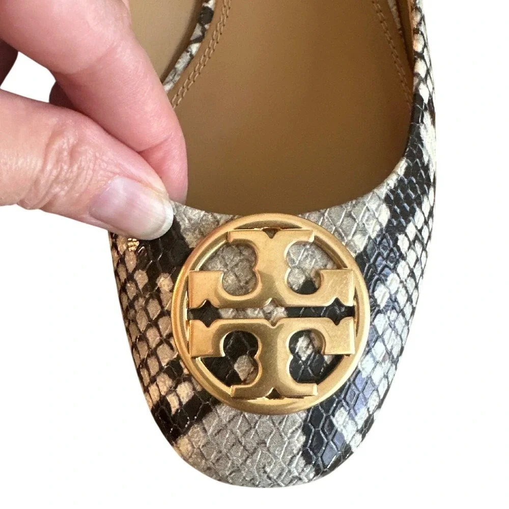 Tory Burch Chelsea Snake Embossed Ballet Flats Gold Logo Block Heel Size 7.5
